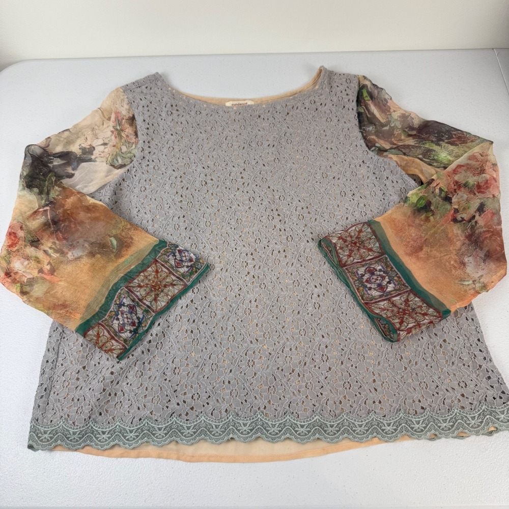 Sundance Womens Grey Lace Silk Floral Sleeve Boho Blouse Top Large RN 106205